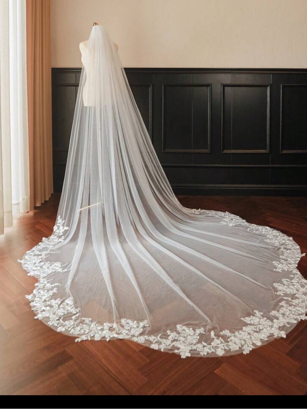 Bridal White Cathedral Veil with Floral Lace Hem